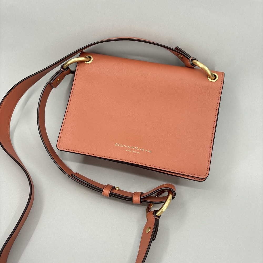 Donna Karan Bag Womens Small Orange Red Leather Crossbody Adjustable Ring Strap
